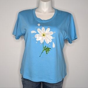 ✨ 3/$15 Bobbie Bell Blue White Sequin Daisy Flower Short Sleeve T-shirt XL